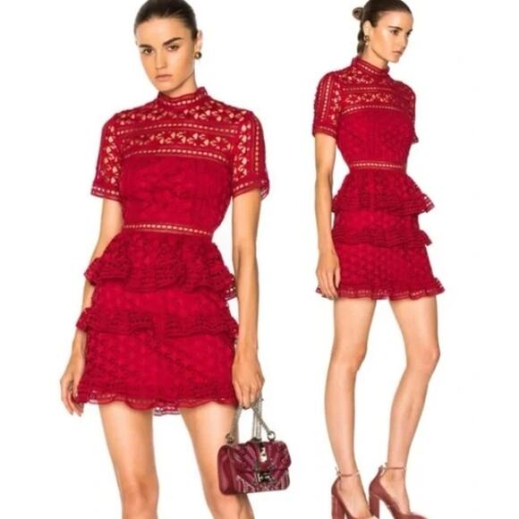 Self Portrait Red Star Guipure Lace Paneled Red Mini Dress US6 UK10 - Picture 1 of 9